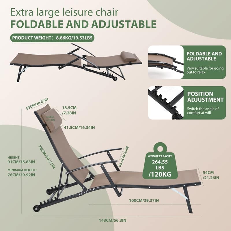 Patio Chaise Lounge Chair with Wheels, 5-Position Recliner with Armrests for Poolside, Beach, Backyard, or Patio