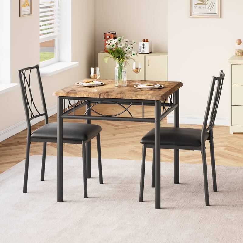 3 Piece Kitchen Set Dining Modern Table and 2 Upholstered Chairs - Brown