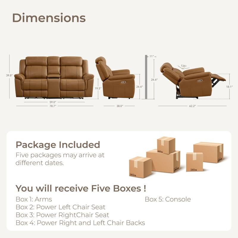 Spruce & Spring Genuine Leather Power Reclining Sofa with Optional Console & Flip-Down Table