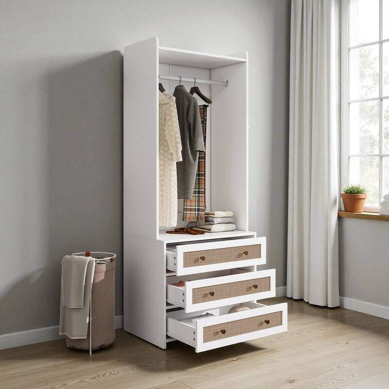 High Wardrobe Armoire with Rattan 3-Drawer Storage Cabinet Closet Organizer for Bedroom Living Room Entryway