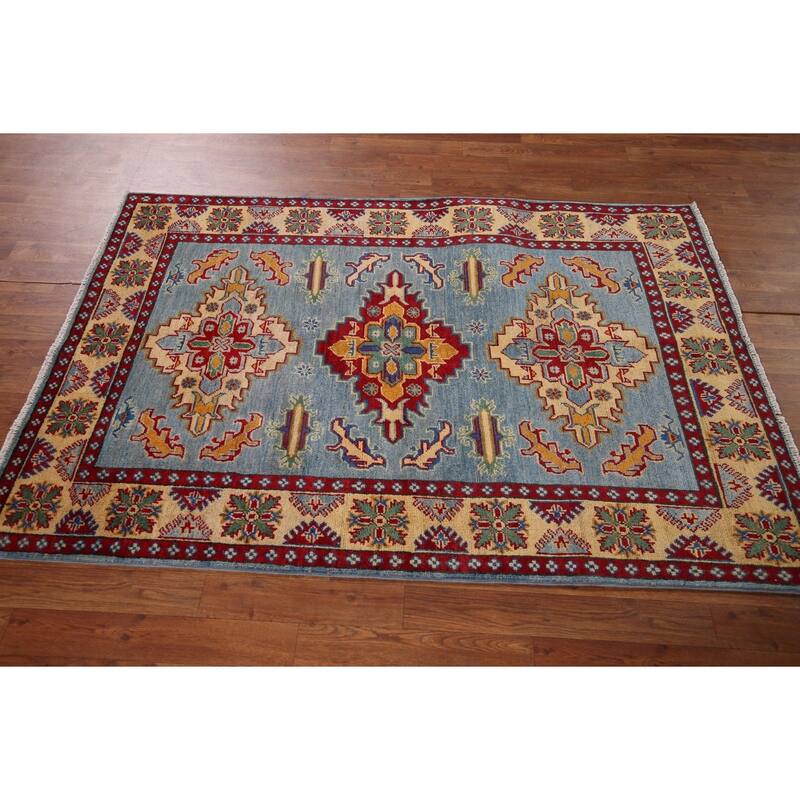 Light Blue Kazak Oriental Area Rug Handmade Geometric Wool Carpet - 3'11" x 5'10"