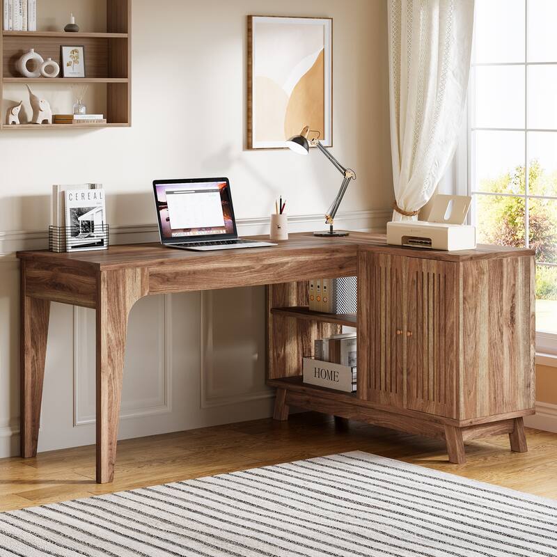57'' Wood L-Shaped Corner Computer Desk Writing Table with Cabinet - Brown
