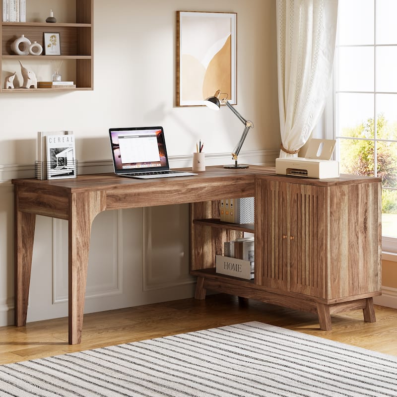 L-Shaped Desk with Storage Cabinet, 57-Inch Wood Corner Workstation