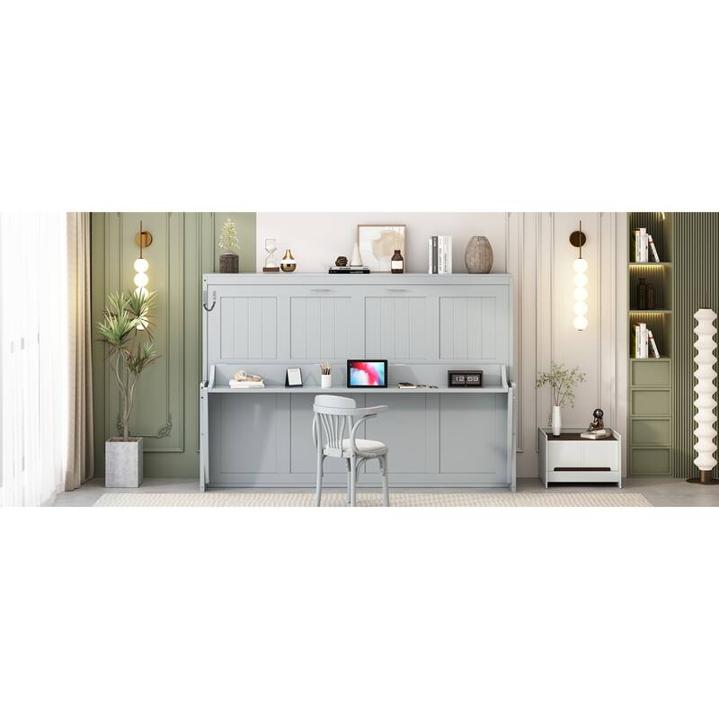 Roomfitters Full/Queen Murphy Bed with Hydraulic Lift and Folding Desk, Space Saving Wall Mounted Sleeper