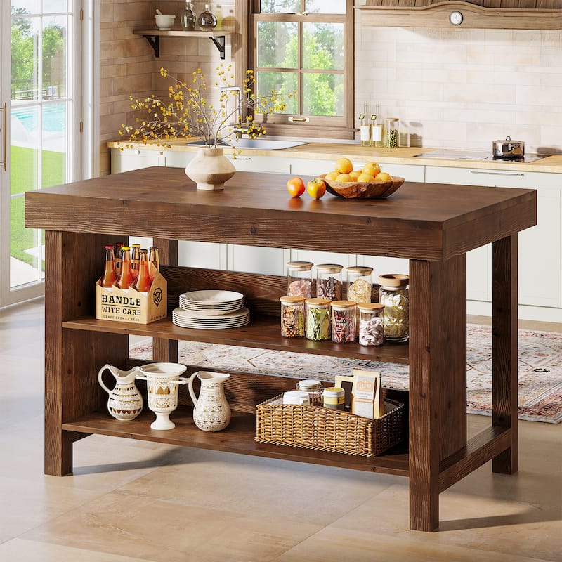 Solid Wood Kitchen Island, Open Storage Counter Height Table, Kitchen Dining/Living Room Coffee Bar Accent Island - WalnutBrown