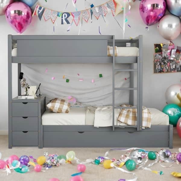 slide 2 of 20, Full-Over-Full Bunk Bed with Twin size Trundle,Storage and Desk,Space-Efficient Multifunctional Loft Bunk Bed With Storage Gray