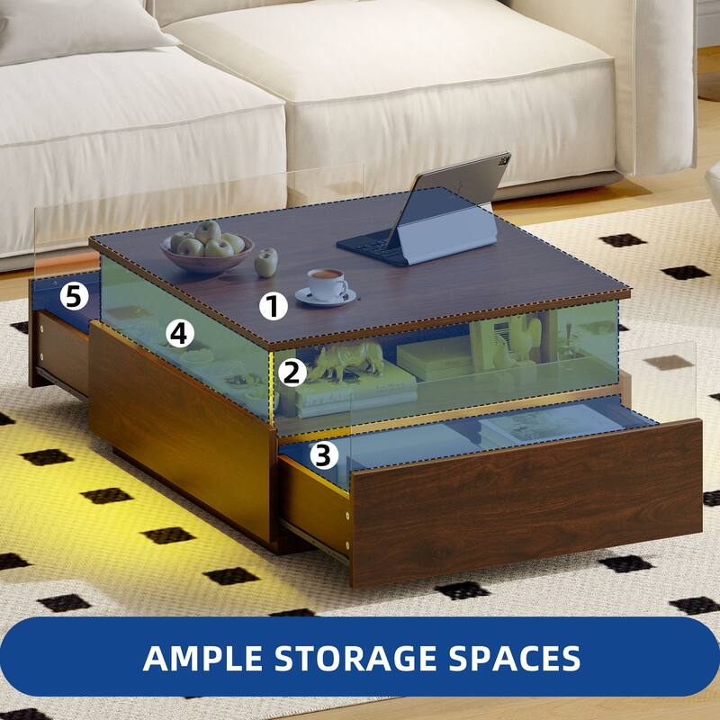 Moasis LED Square Coffee Table with Acrylic Drawers, Wood Center Table for Living Room