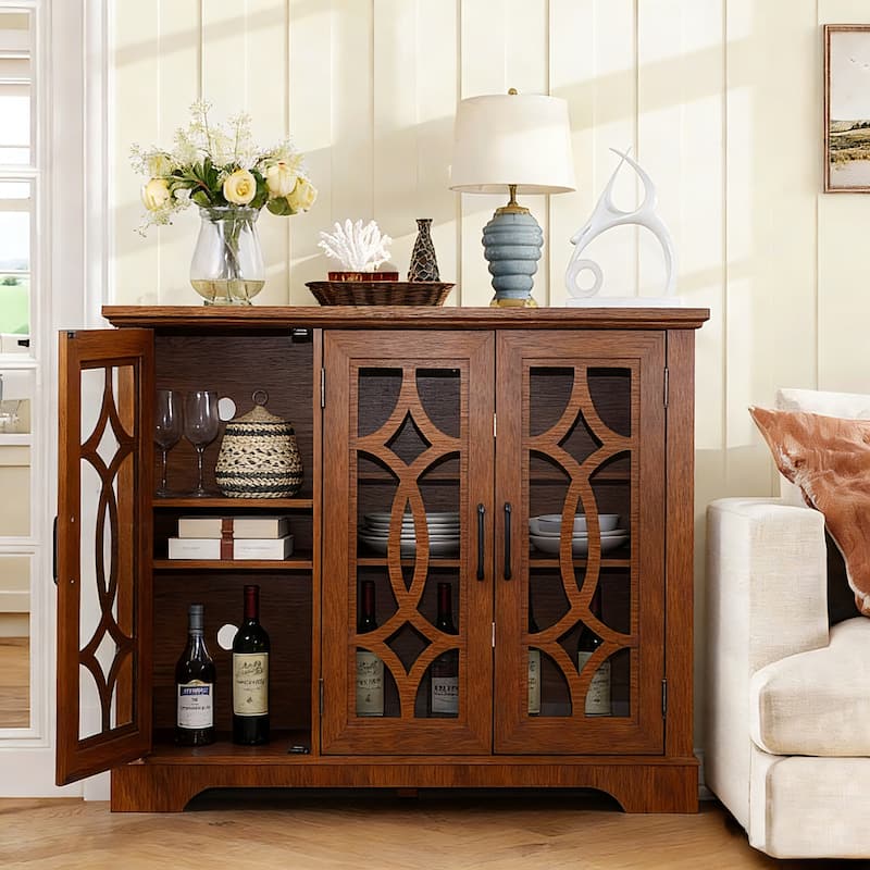 Spacious size sideboard 3 clear tempered glass doors buffet with adjustable shelf