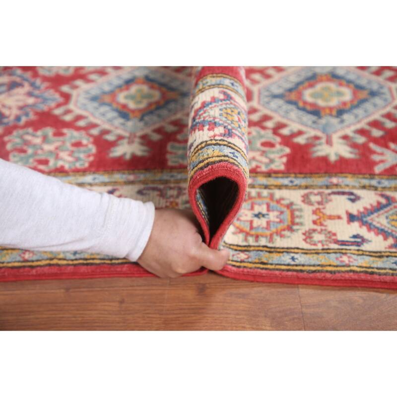 Hand Knotted Oriental 100% Wool Carpet Traditional Geometric Red Kazak Area Rug - 6' 5'' X 2' 8''