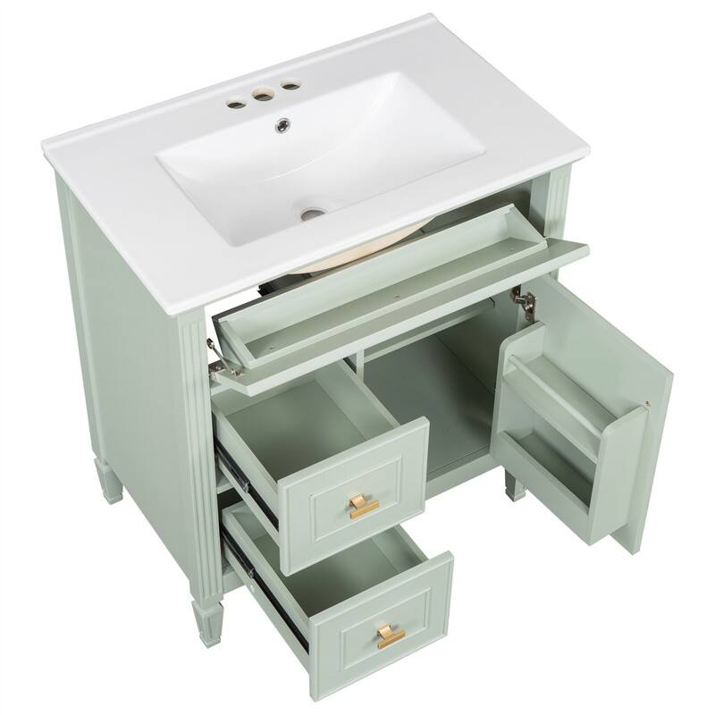 30" Bathroom Vanity with Ceramic Sink Combo, Bathroom Vanity Cabinet with 1 Flip Drawer, 2 Drawers & Adjustable Shelf
