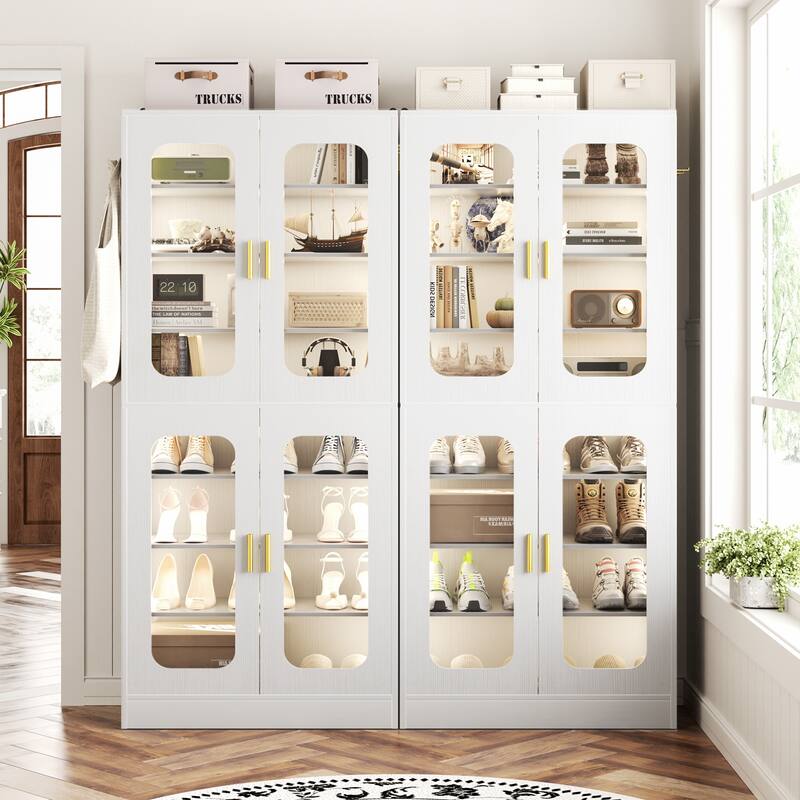 8-Tier Shoe Cabinet with LED Light, 32 Pairs Tall Shoe Storage Organizer with Side Hooks