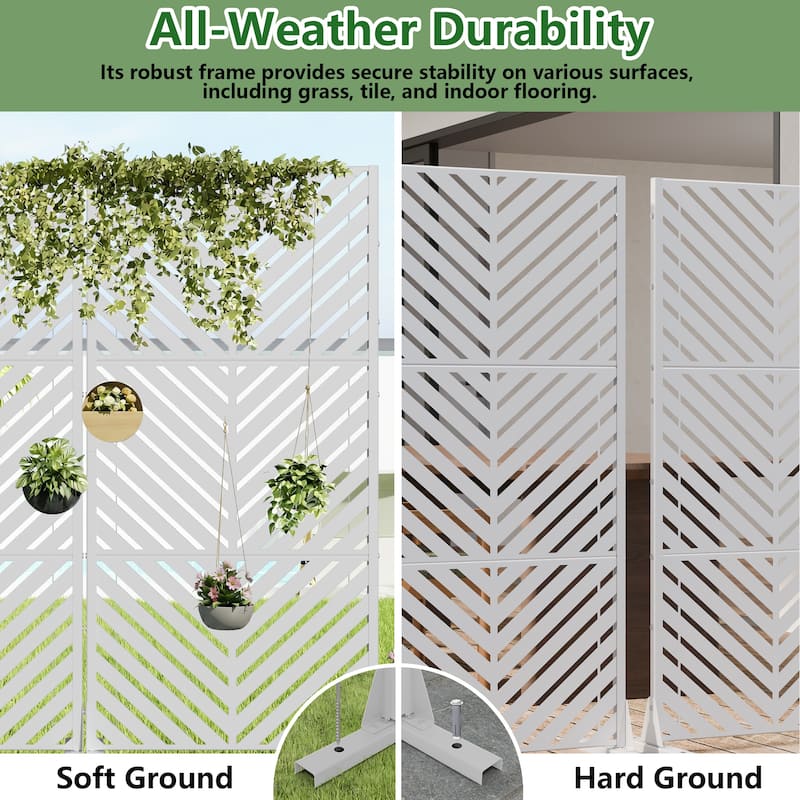 Outdoor Privacy Screen 2-Panel Chevron Metal Privacy Fence with Wind-Resistant Base Durable Decorative Divider