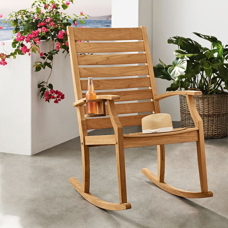 Cambridge Casual Logan Teak Outdoor Rocking Chair with Cup Holder - Natural Teak