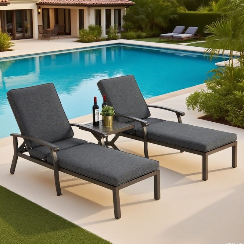3-Piece Outdoor Cast Aluminum Chaise Lounge Chair Set with Side Table - Grey