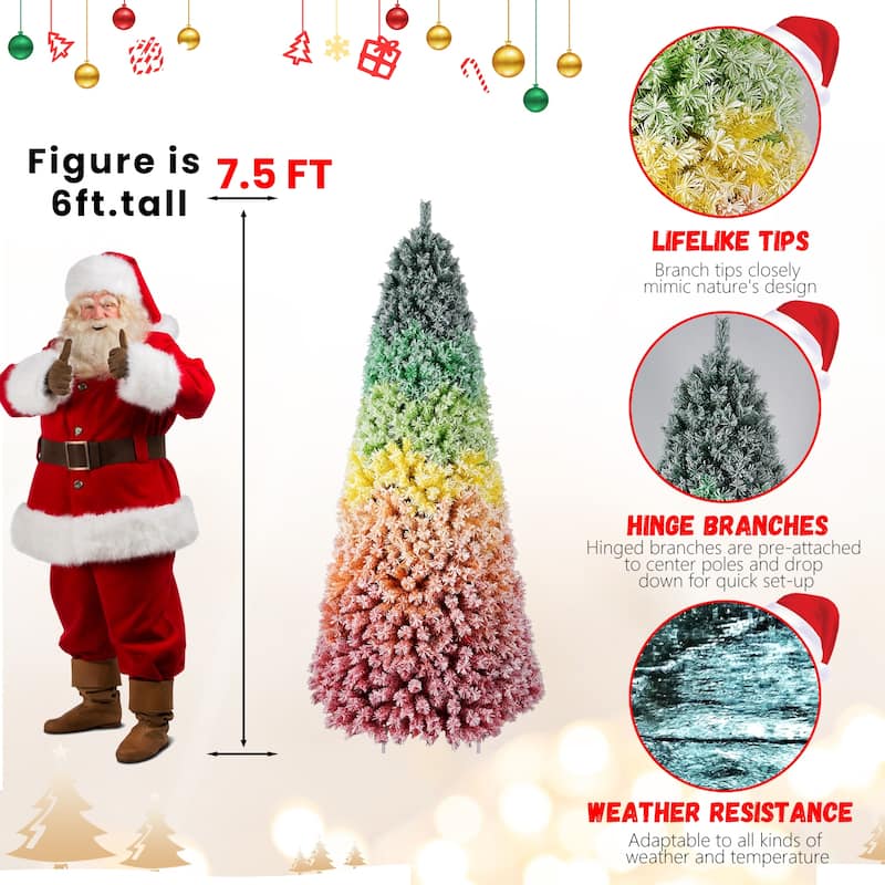 7.5ft Rainbow Gradient Flocked Christmas Tree with 1927 Tips, Artificial Pine with Snowy Finish, Hinged Design and Metal Stand