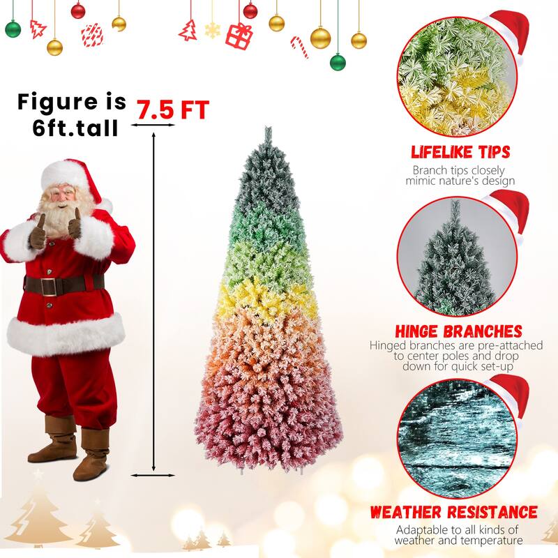 Rainbow Gradient Flocked Christmas Tree - Colorful Full-Bodied, Snowy Finish, Hinged Design, Metal Stand