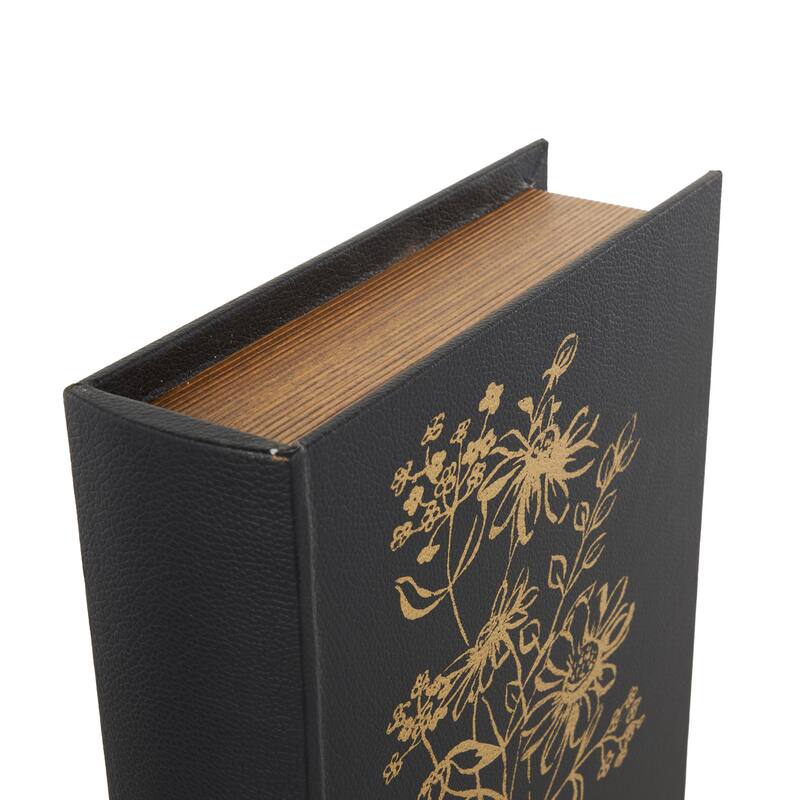 Black Faux Leather Faux Book Storage Floral Decorative Box with Gold Accents (Set of 3)