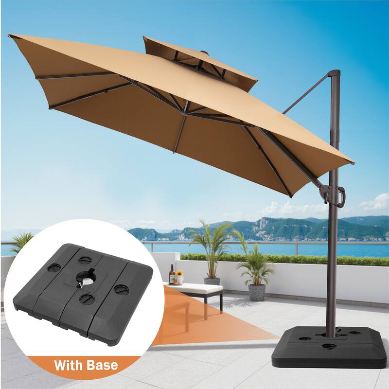 11 ft Square Patio Cantilever Offset Umbrella Double Top with Offset Base - Tan