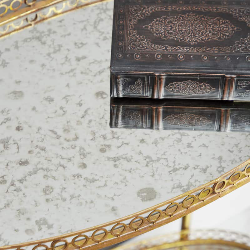 Metal Rolling Oval 2 Shelf Bar Cart with Vintage Inspired Details - Gold or Brass - Roche River Decor