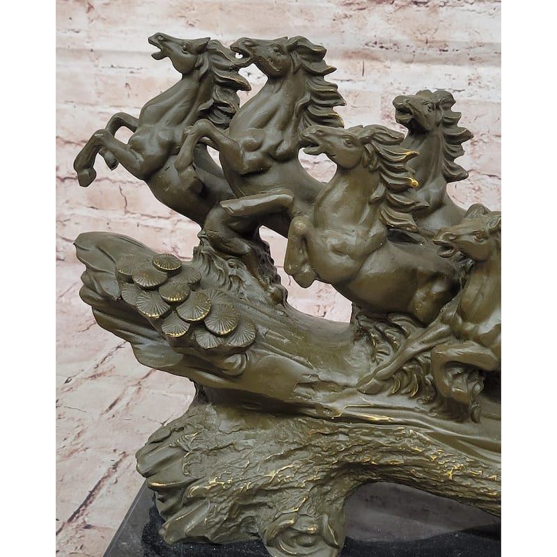 Eight Running Imitative Horses Bronze Sculpture On Marble Base By Milo