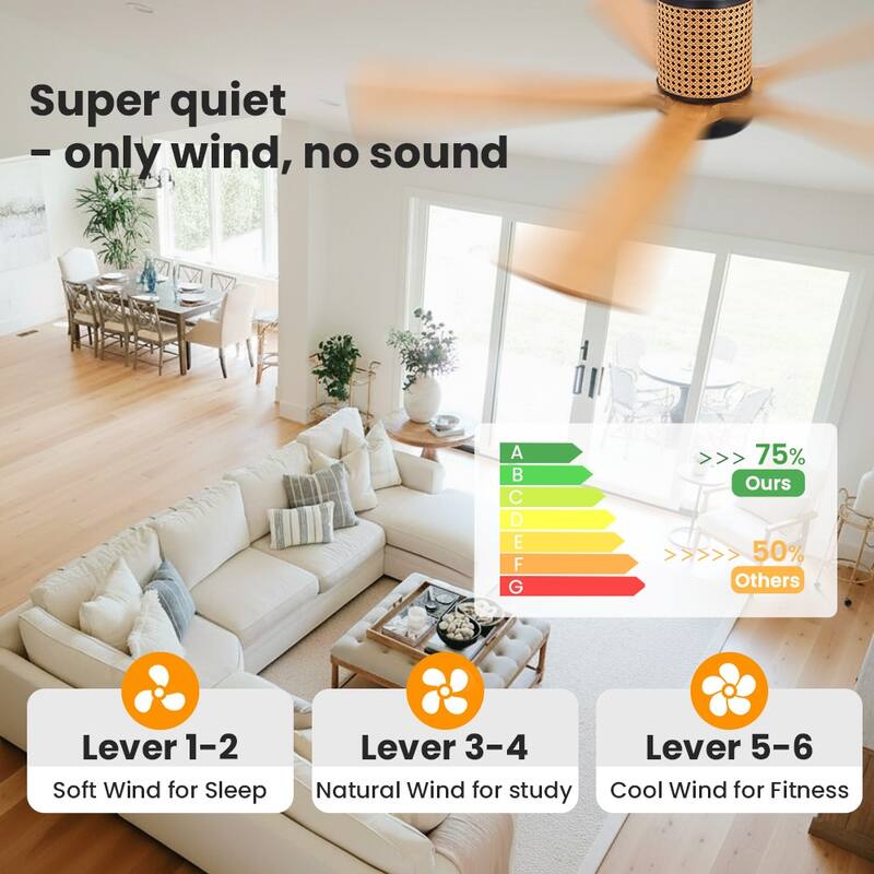 MLiAN 5 Solid Wood Blades Ceiling Fan with Lights Remote Control 6-Speed DC - 54''