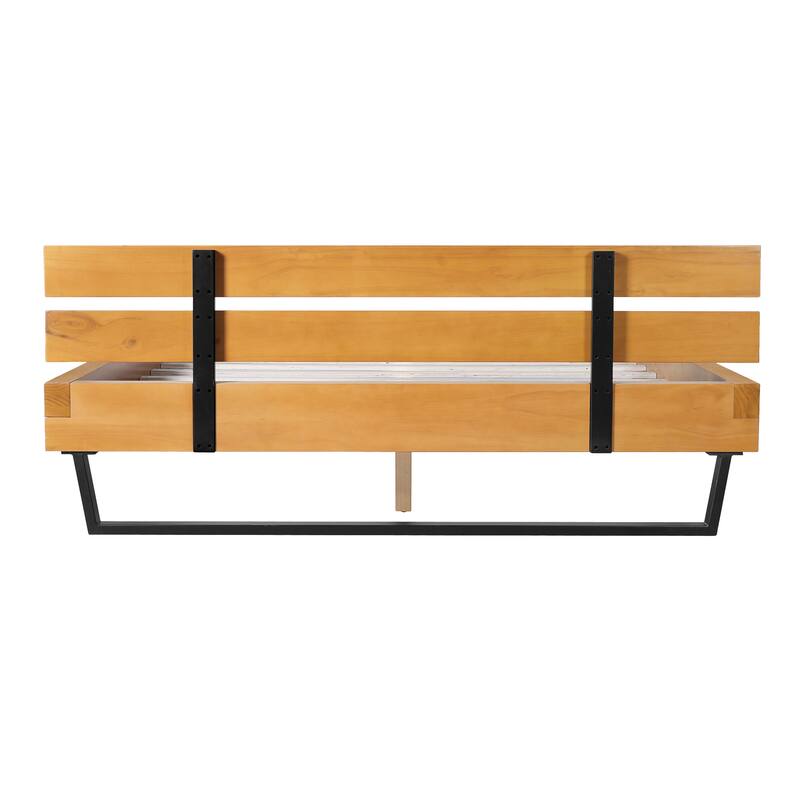 Queen Size Pine Wood Bed Frame in Natural & Black, Modern Industrial Design