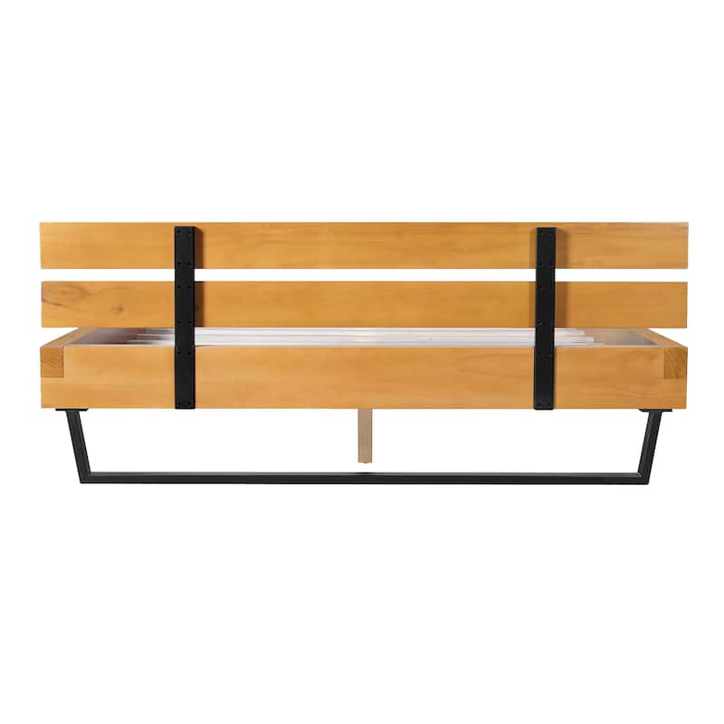 Rustic Pine Wood Platform Bed with Headboard, Wooden and Metal Queen/King Bed Frame, Wood Slats Support, No Box Spring Needed