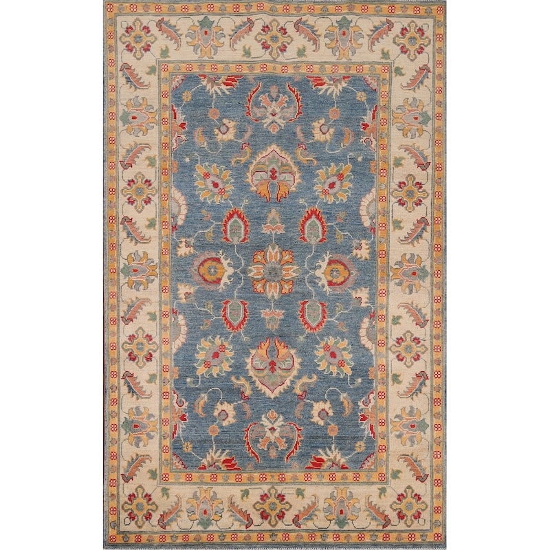 Blue Floral Oushak Oriental Area Rug Hand-Knotted Wool Carpet - 4'1" x 6'4"