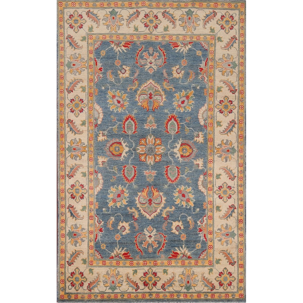 Blue Floral Oushak Oriental Area Rug Hand-Knotted Wool Carpet - 4'1" x 6'4"