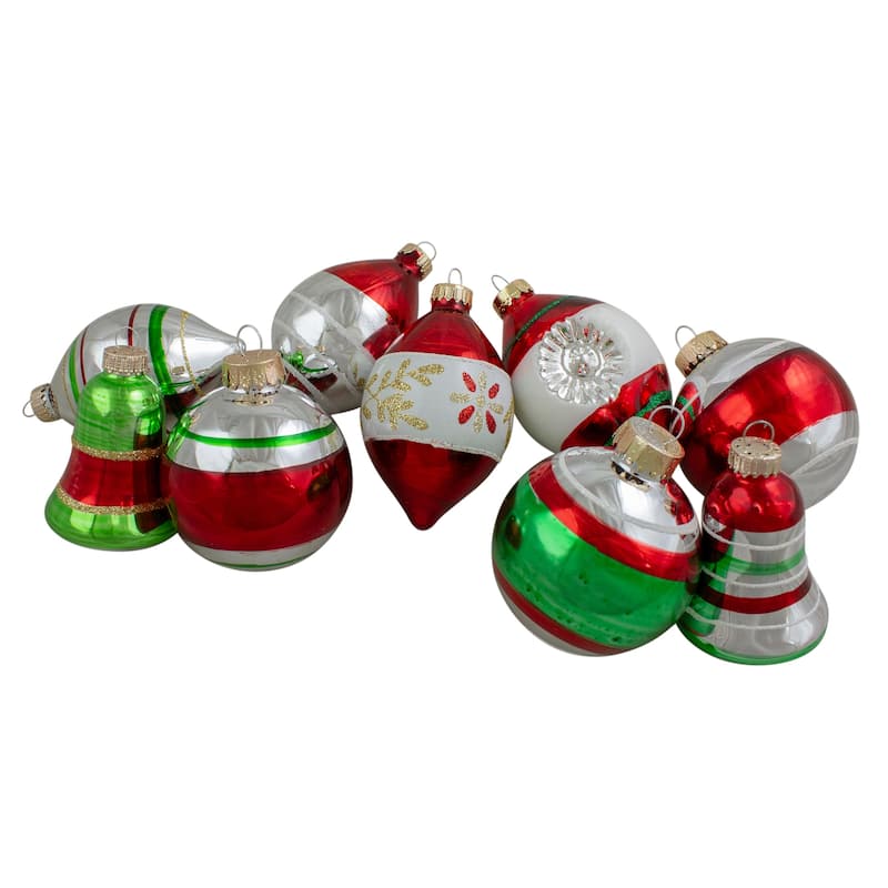 2-Finish Striped Glass Christmas Ornaments - 3.25" - Silver and Red - 9ct