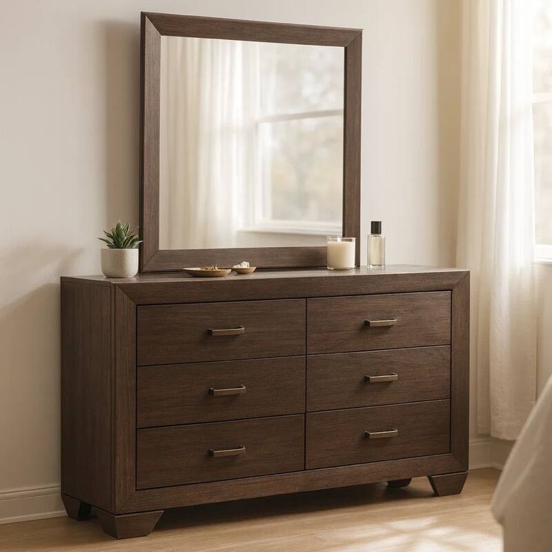 Bello Wide Dresser with Matching Mirror, 6 Drawers, Dark Cocoa Brown