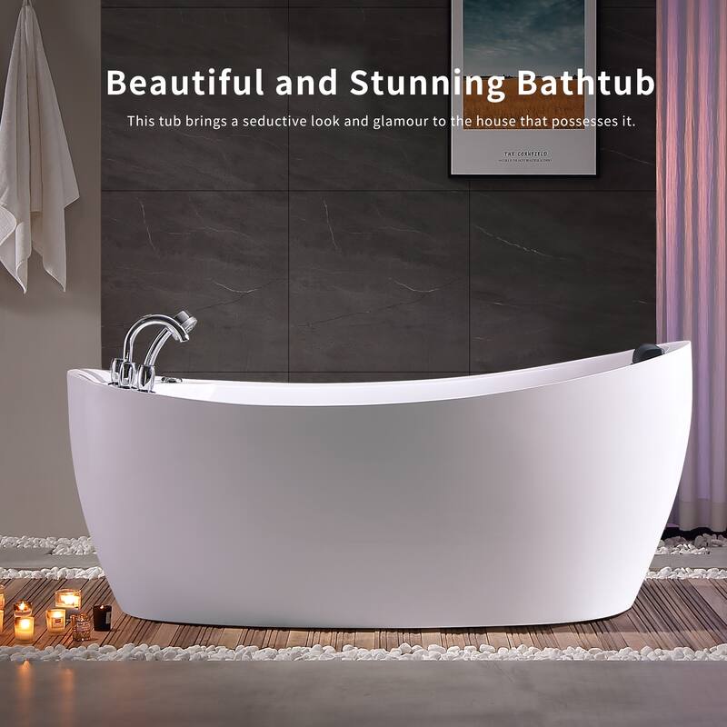 67 in. x 31 in. Center Drain Freestanding Whirlpool Bathtub Hydrotherapy Jetted Soaking Bath Tub - Tub filler in White