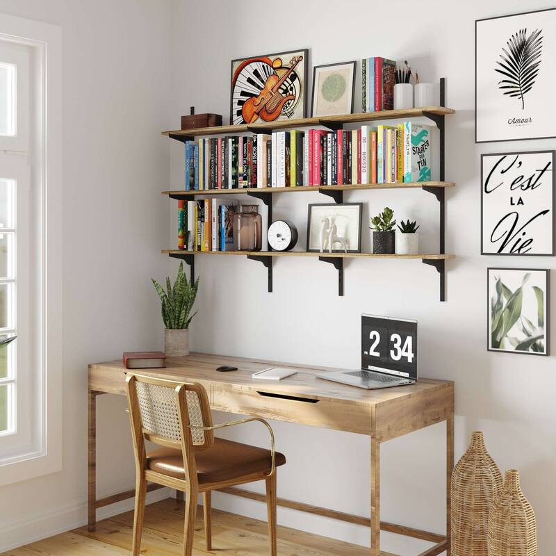 Wallniture Turin 60" Wall Mounted Shelves with Adjustable Brackets, Floating Bookhelves for Office & Living Room, 2,3 or 4 Tier - 3 Tier