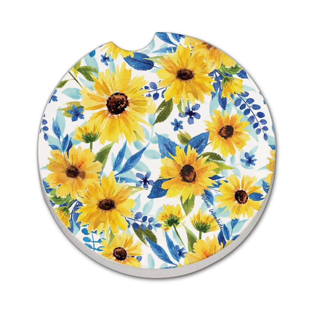 Sapphire Gold Sunflowers 2 Pack Absorbent Stone Coaster for Vehicle Cup Holder 2.6” Diameter Manufactured in The USA