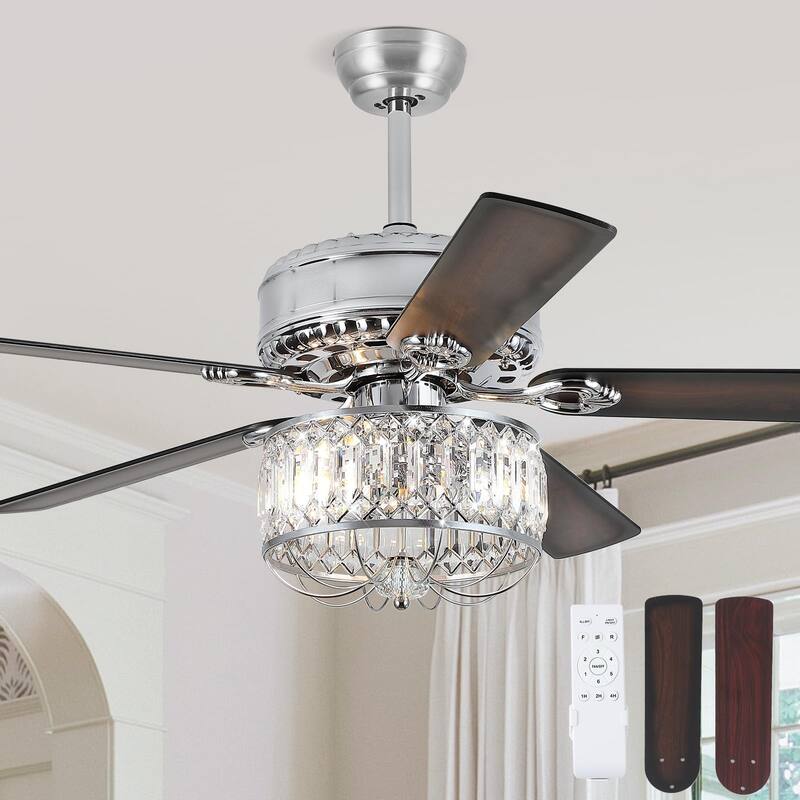 52" Modern Crystal Ceiling Fan Chandelier with Remote,2 Bulbs,Reversible DC Motor,5 Plywood Blades - 52 Inches - Nickle