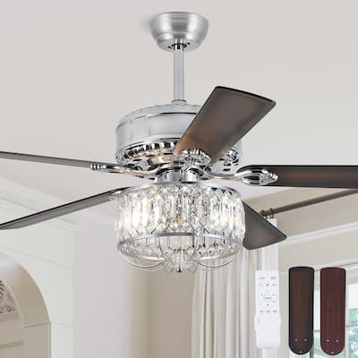 52" Modern Crystal Ceiling Fan Chandelier with Remote,2 Bulbs,Reversible DC Motor,5 Plywood Blades - 52 Inches