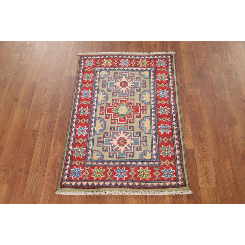 Green Red Kazak Oriental Rug Hand-Knotted Wool Carpet - 2'0" x 3'0"