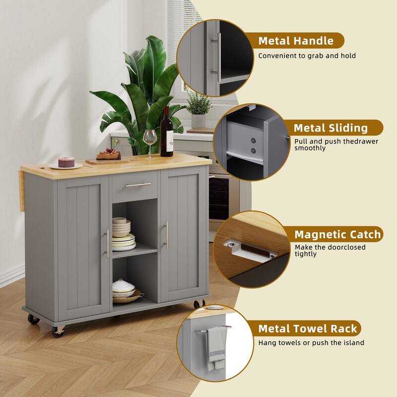 2-Door Kitchen Island with Drawer & Drop Leaf - Mobile Storage Cart on Lockable Wheels for Kitchen, Dining Room, Bar