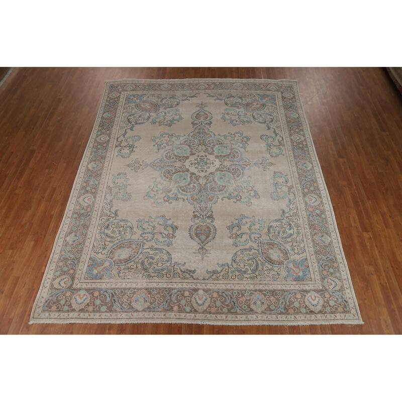 Traditional Tabriz Persian Rug Handmade Oriental Beige Wool Carpet - 8'11"x 11'3"