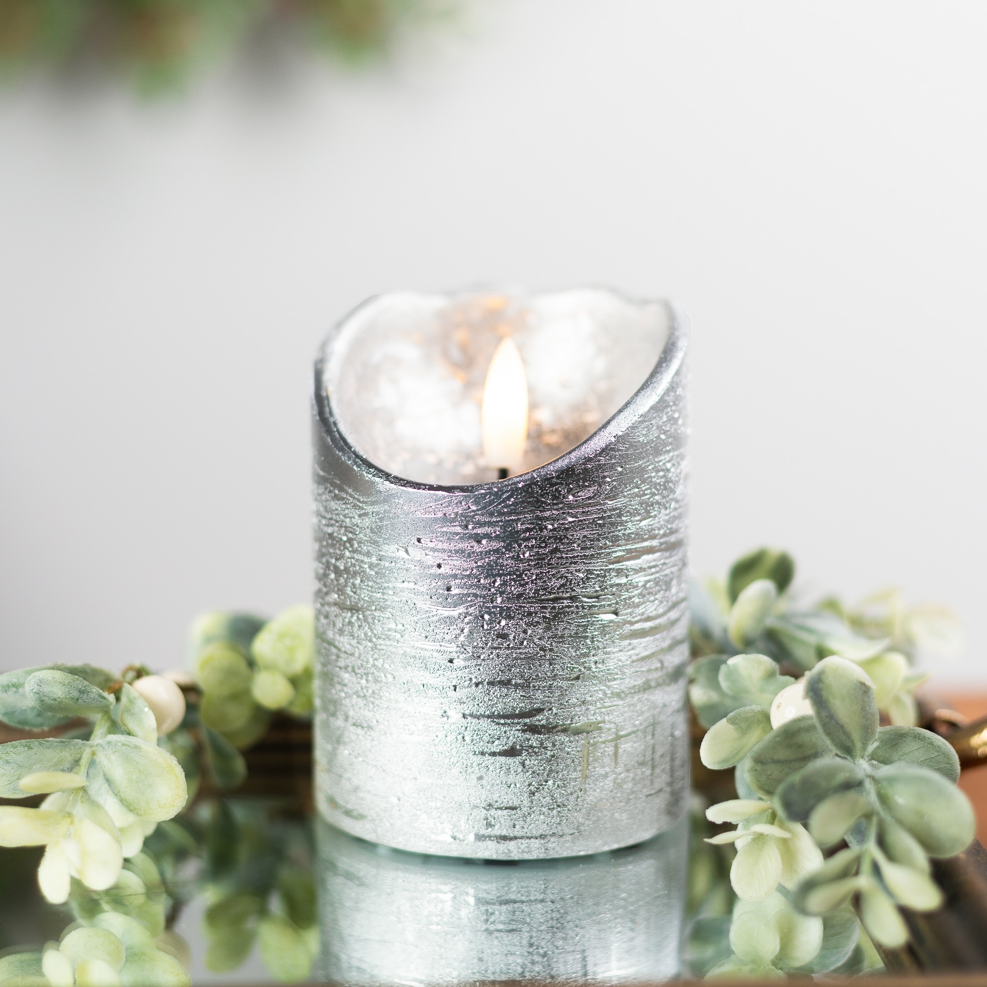 LED Flameless Flickering Pillar Christmas Candle - 4" - Silver