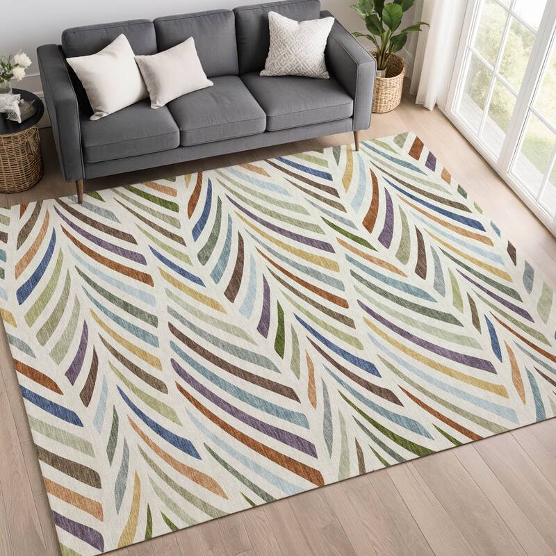 Machine Washable Indoor/ Outdoor Modern Feather Chantille Rug