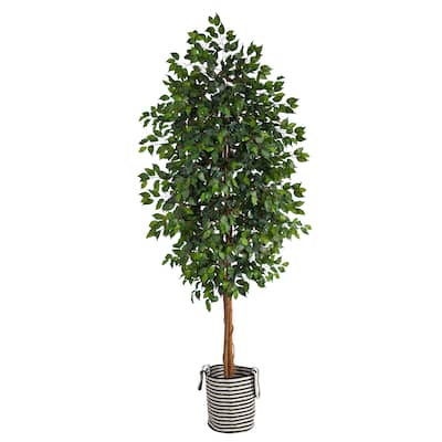 8' Ficus Artificial Tree in Handmade Black and White Natural Jute and Cotton Planter