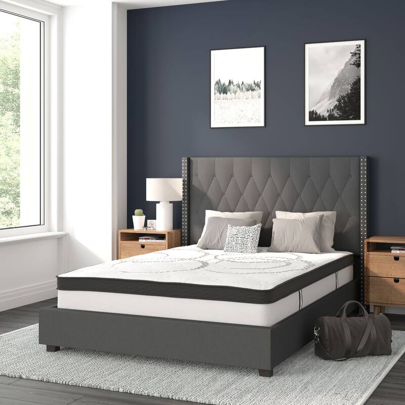 Tufted Platform Bed with 10 Inch Pocket Spring Mattress - Dark Gray - Full