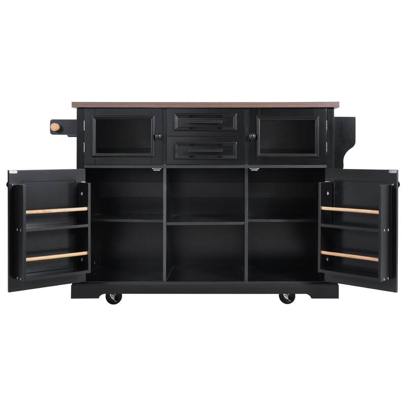 54.9" Kitchen Island with Drop Leaf, Power Outlet, with 4 Door Shelves, Cross Barn Doors & Visual Glass Door on 4 Wheels