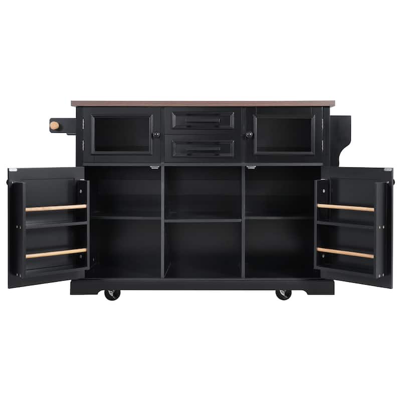 54.9"Kitchen Island with Drop Leaf, 4 Door Shelves, Cross Barn Doors & Visual Glass Door, Rolling Kitchen Island on 4 Wheels