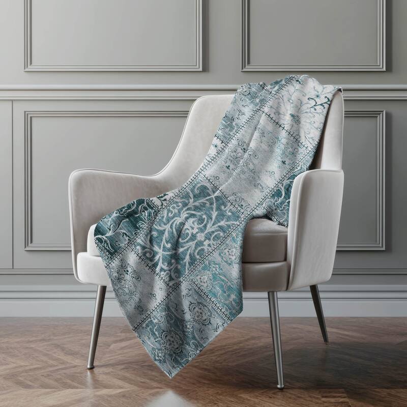 Premium Machine Washable Traditional Patchwork Sherpa Throw Blanket - Teal - 4'2" x 5'10"