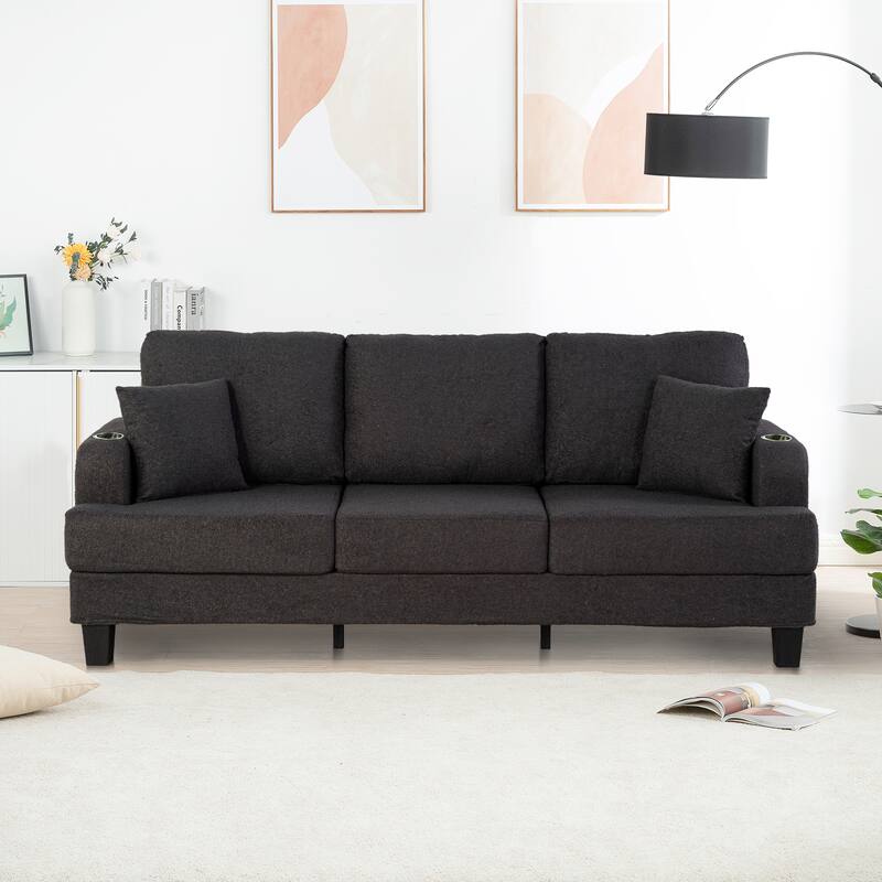 Modern Black Fabric USB Sofa with 2 Cup Holder and 2 Pillows