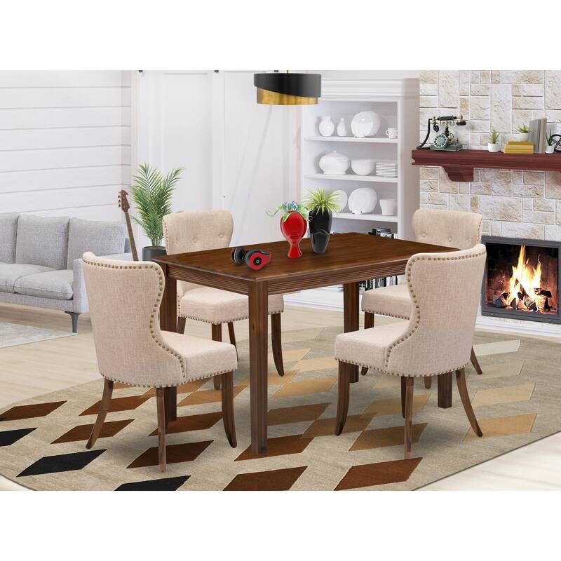East West Furniture Kitchen Table Set- a Dining Table and Upholstered Parson Chairs, Antique Walnut(Pieces Option) - YASI5-AWA-04