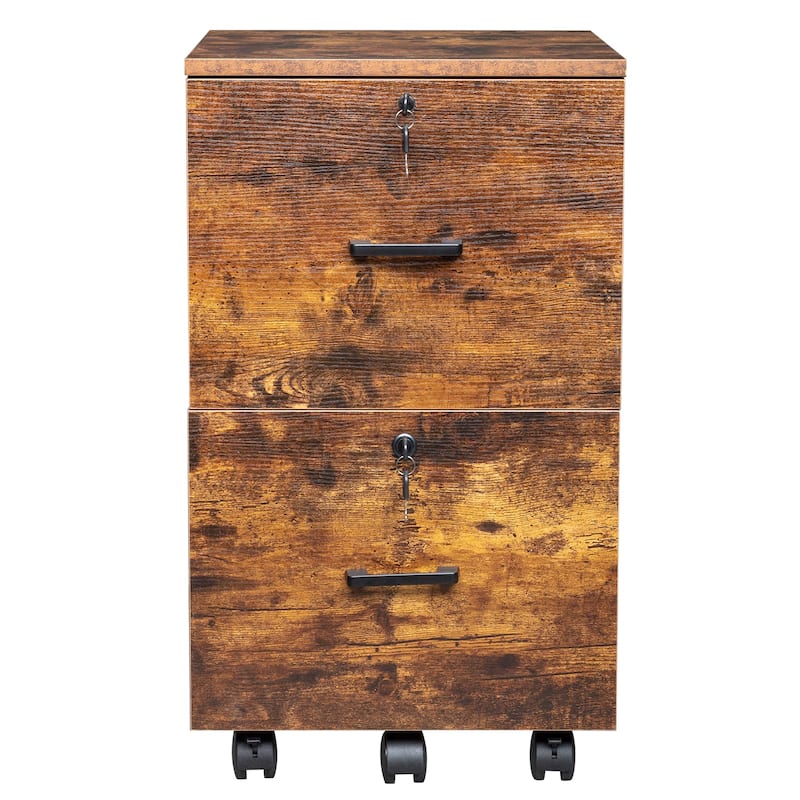 Brown and Black 2-Drawer Rolling Wood File Cabinet with Lockable Wheels for Office Storage