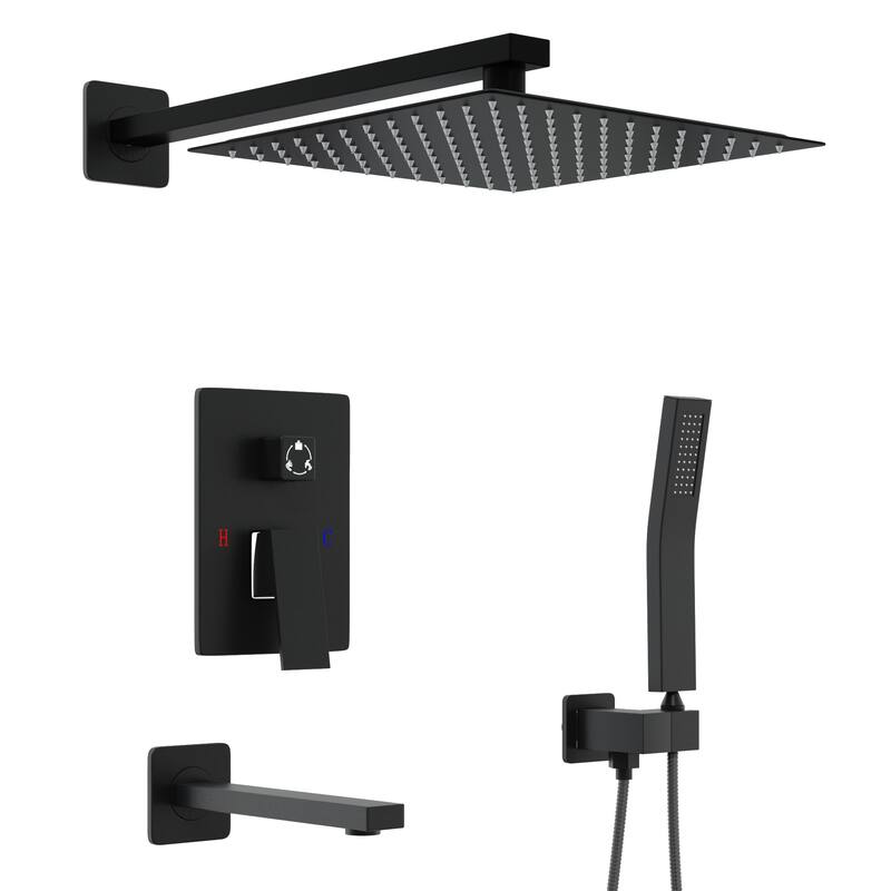 Matte Black Concealed Shower System with 9.7” Rainfall Shower Head, Handheld Shower & Tub Spout